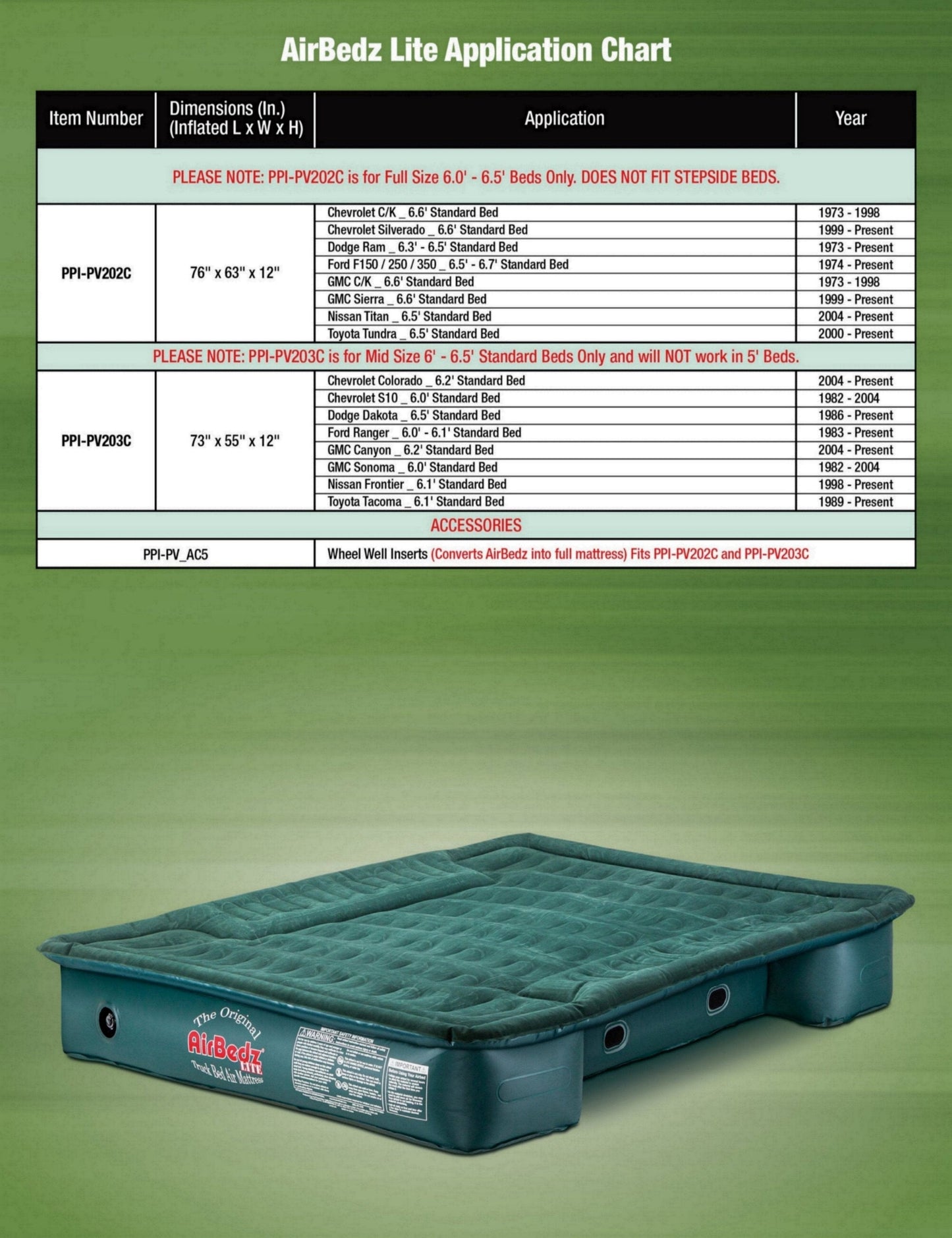 PPI-PV203C AirBedz Lite Mid Size Mattress 6.0′-6.5′ Standard Bed with Portable DC Air Pump