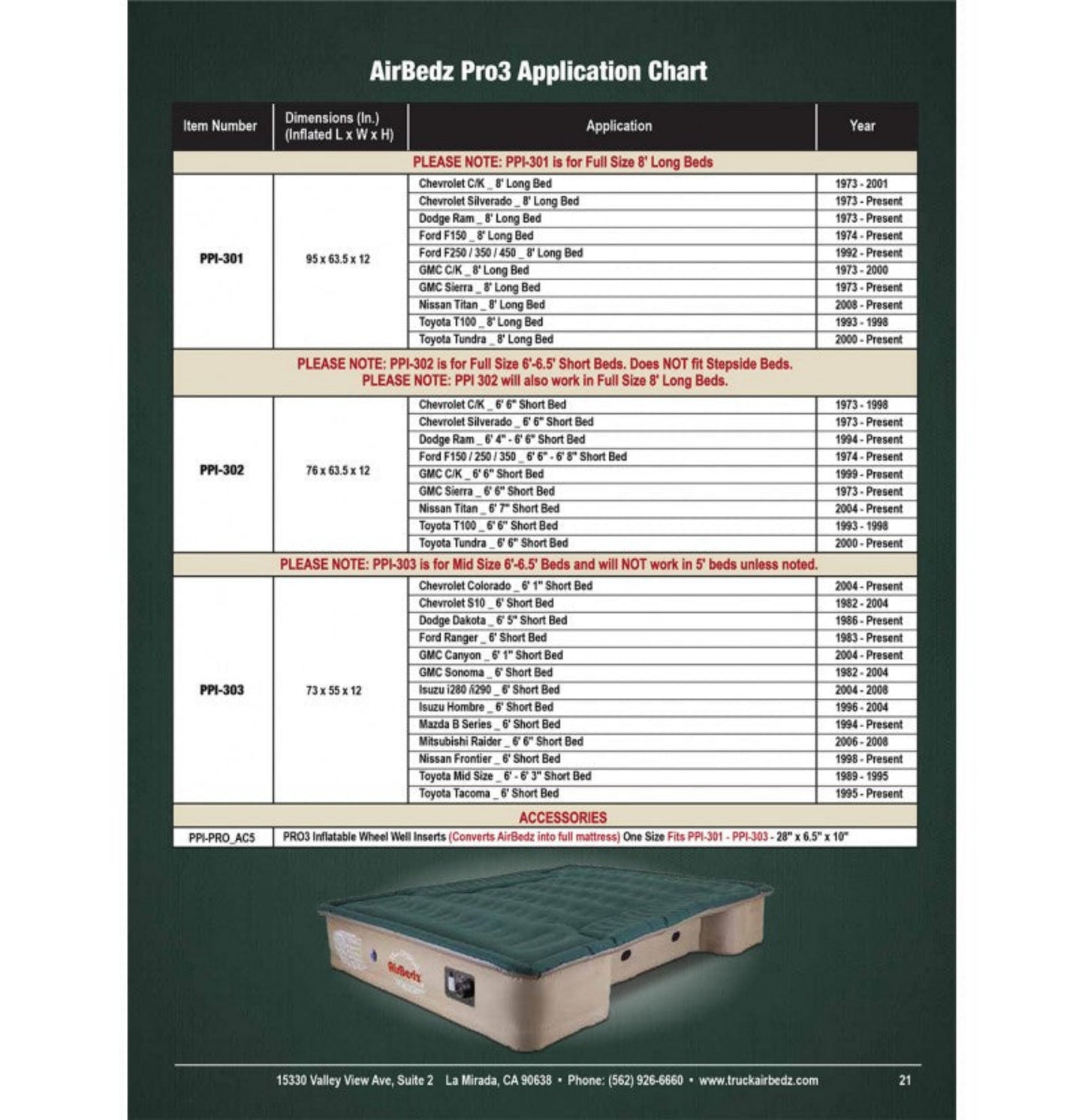 PPI-301 “AirBedz Pro3” Full Size Truck 8.0′-8.2' Long Bed Mattress