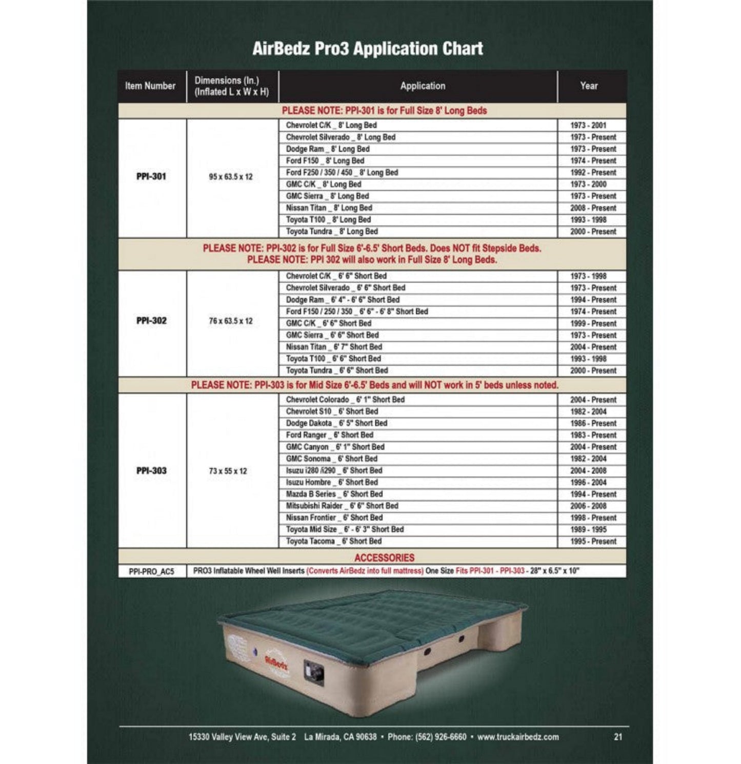 PPI-303 “AirBedz Pro3” Mid Size Truck 6′-6.5′ Bed Mattress